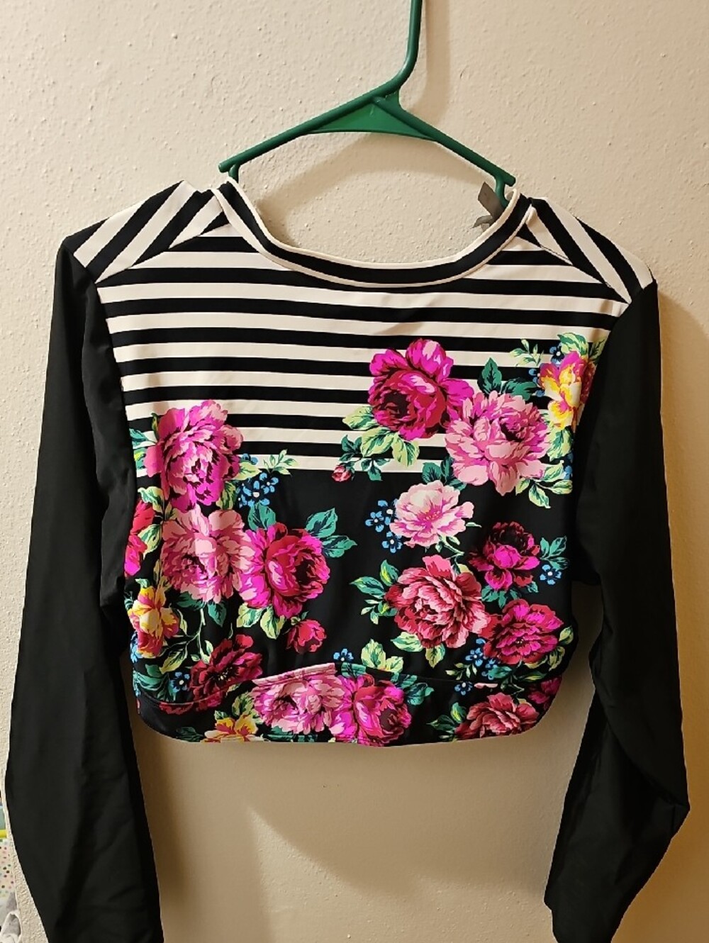 Women's Black Floral Stripe Swim Long-Sleeve Top - Pink Floral - Picture 3 of 4